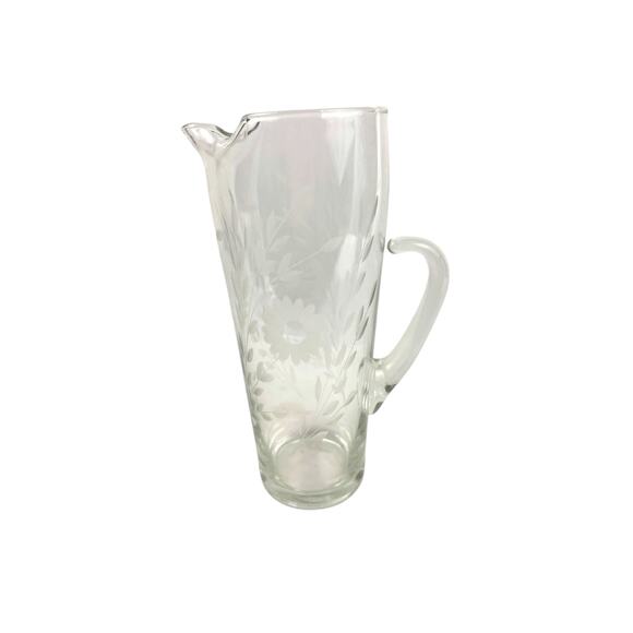 Vintage Mid Century Modern Floral Etched Tall Glass Pitcher 9" Hand Blown - Picture 2 of 13